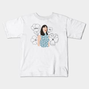 Fashion collage with abstract woman portrait and continuous flowers. Mid century Silhouette. Kids T-Shirt